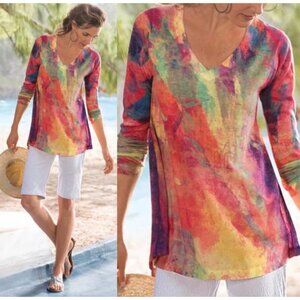 Soft Surroundings Multicolor Abstract Print V-Neck Tunic Sweater Artsy Top M
